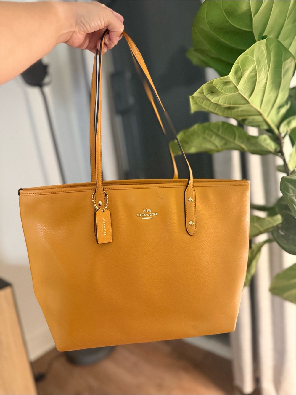 Coach Leather Tote in Mustard Yellow